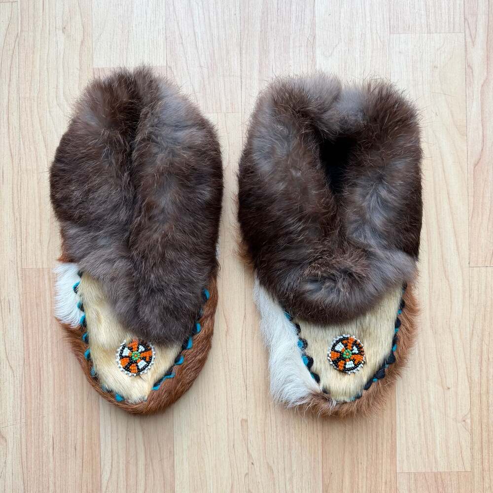 Vintage Alaska Native Handcrafted Real Fur Hair and Leather Moccasins Beaded Inu